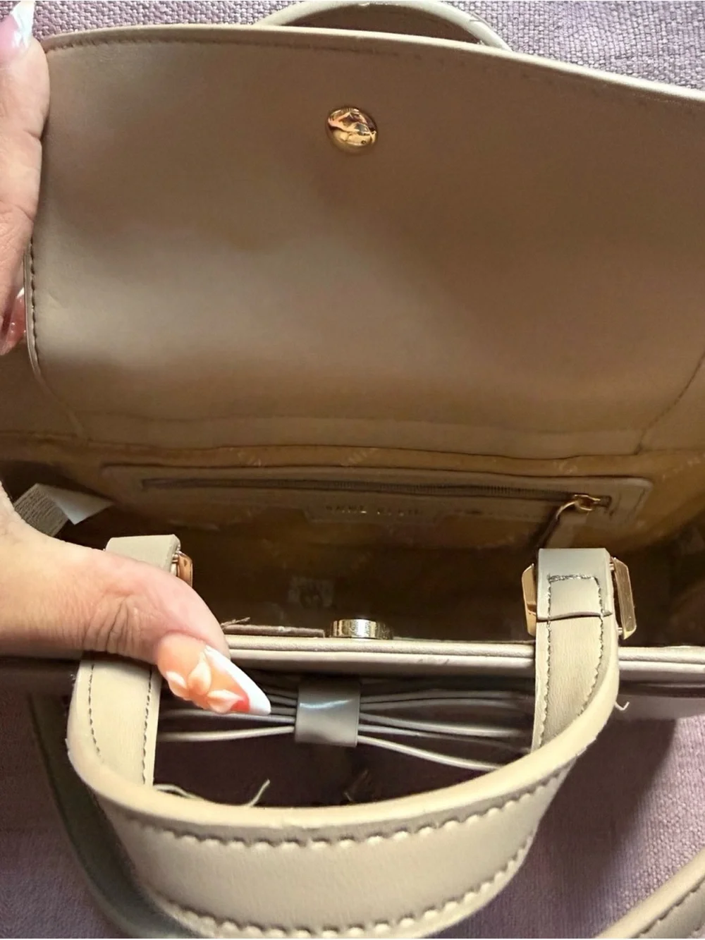 Anne Klein Beige Bow-Accent Top-Handle Bag - Picture 6 of 7
